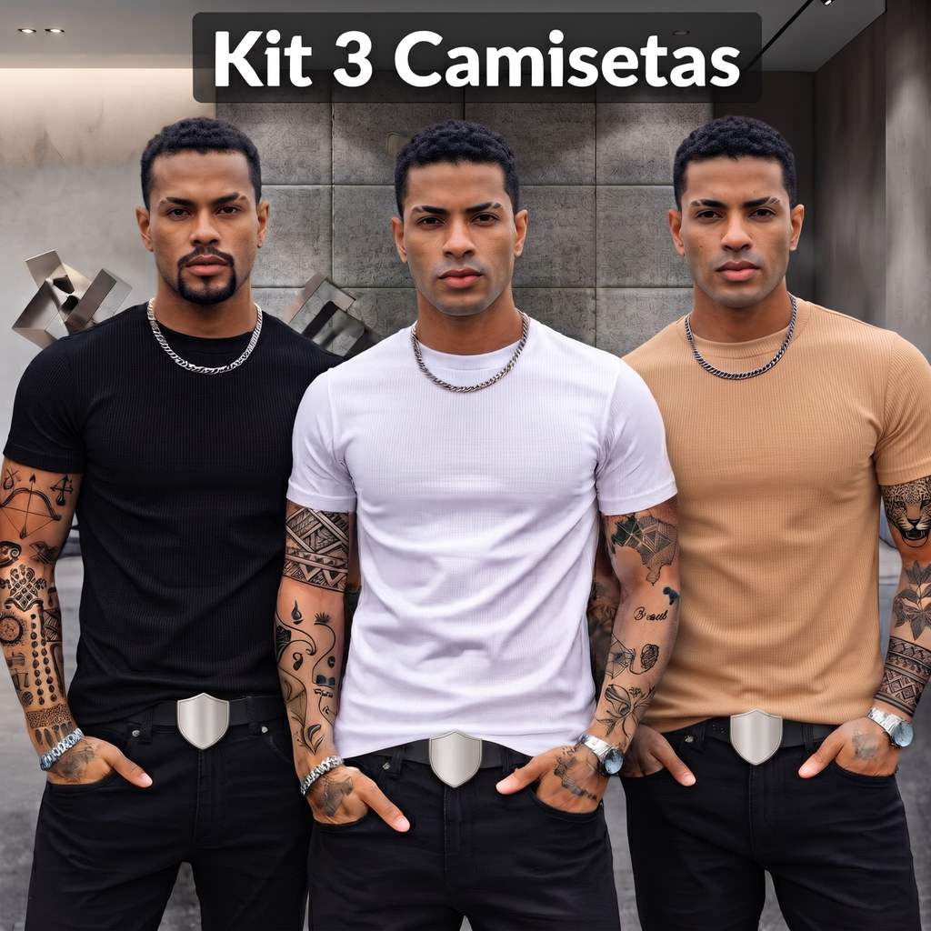Kit 3 Camiseta Masculina Justa Modelo Americano Canelada Básica Premium Rapper