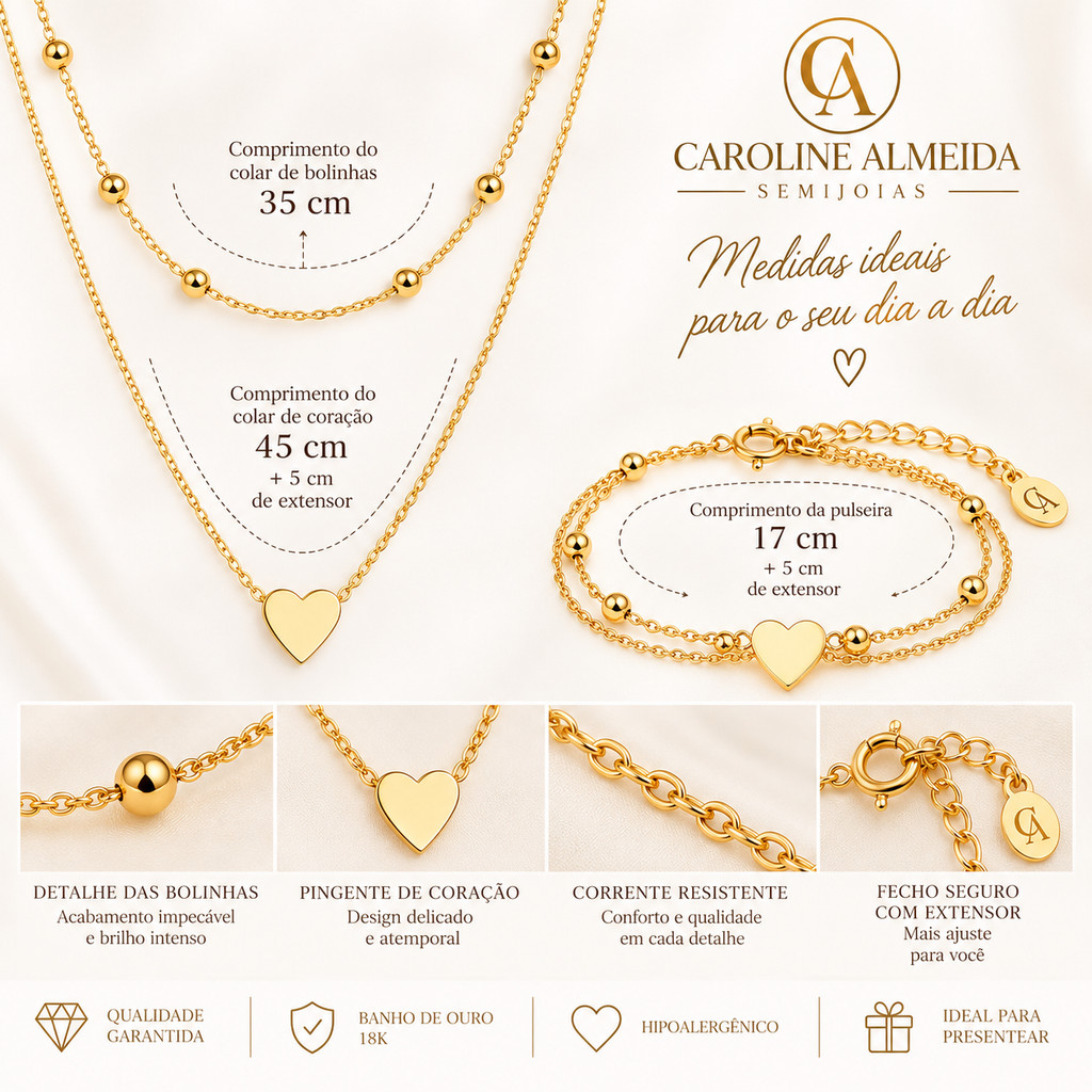 KIT CHOKER E PULSEIRAS DUPLA DE CORAÇÃO BANHADA EM OURO 18K — imagem 2 de 2