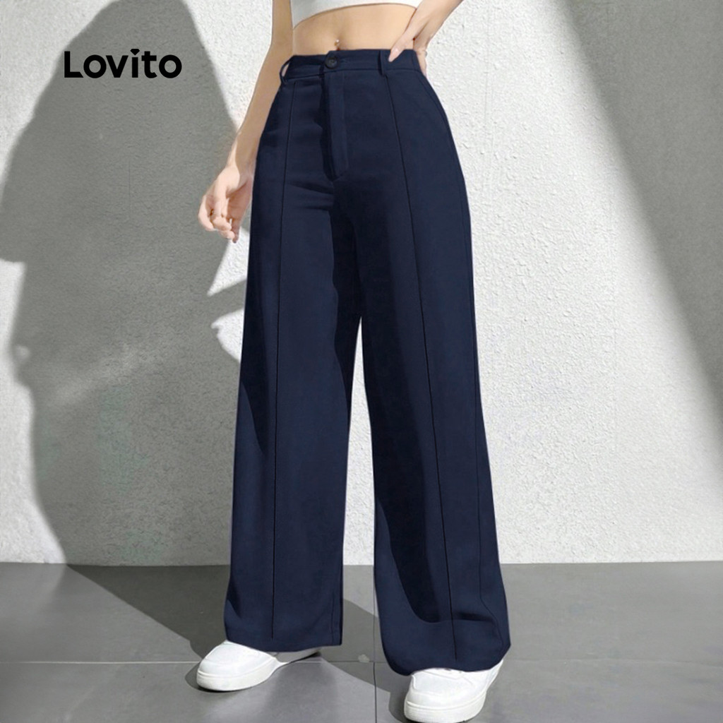 Lovito Elegante Calças com Botões Primavera/verão Calças Azul-marinho para mulheres L158AD222 · foto 2