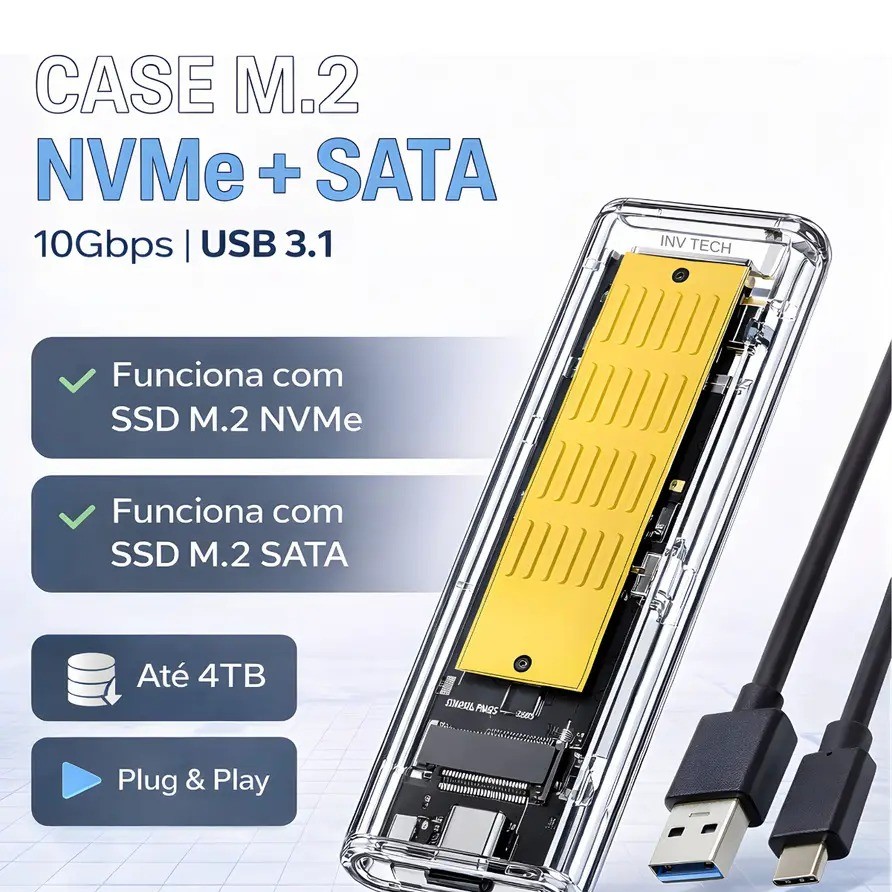 Mini Case Transparente Para SSD M.2 NVME e NFGG Com Cabo Duplo PC Ou Android