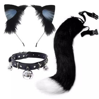 Tiara de orelhas de gato para cosplay, acessórios de cauda de gato, feitos à mão, conjunto de acessórios de cabelo com 