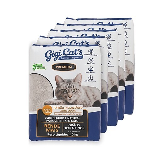 Combo 5x Areia Gigi Cat's Premium 4kg (Total 20kg) | Torrão Instantâneo | Zero Odor | Ultra Finos
