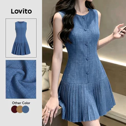 Lovito Vestido Elegante Plissado com Botões Primavera/verão Vestido Amarelo para Mulheres DRK8P2D651