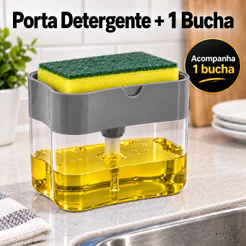 Kit Porta Detergente 600ml com Bucha Dispenser Automático de Pressão Esponja e Sabão Pia Cozinha Pro