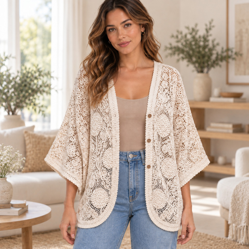 Kimono Cardigãn Feminino Crochê 100% Algodão Off-White Tamanho Único 36 ao 46 Saída de Praia Boho Chic