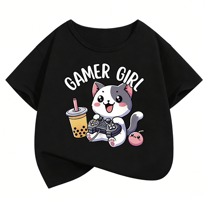 Gato Bonito Gamer Menina Gráfico Crianças Camiseta Verão Manga Curta Camisetas Dos Desenhos Animados Meninos Meninas Rou