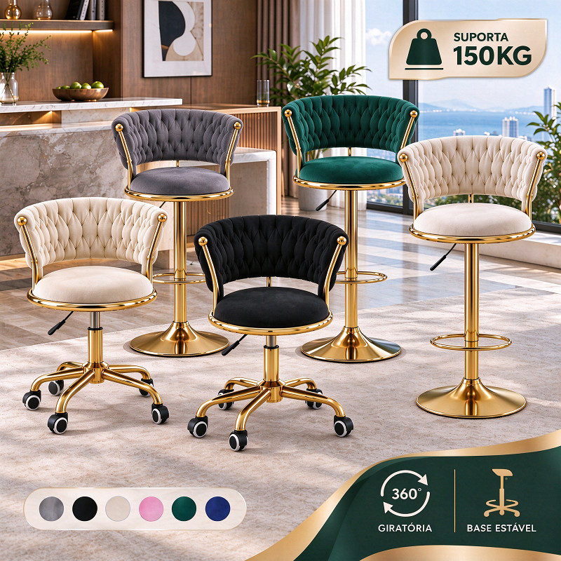 Banqueta Venice Luxo Altura Ajustável, Giratória 360°, Banqueta de Bar para Ilha de Cozinha e Área Gourmet