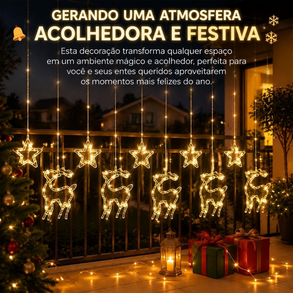 Cascata de Natal Estrelas Bivolt Leds com 8 Funções em cores Branco Quente e Pisca Pisca