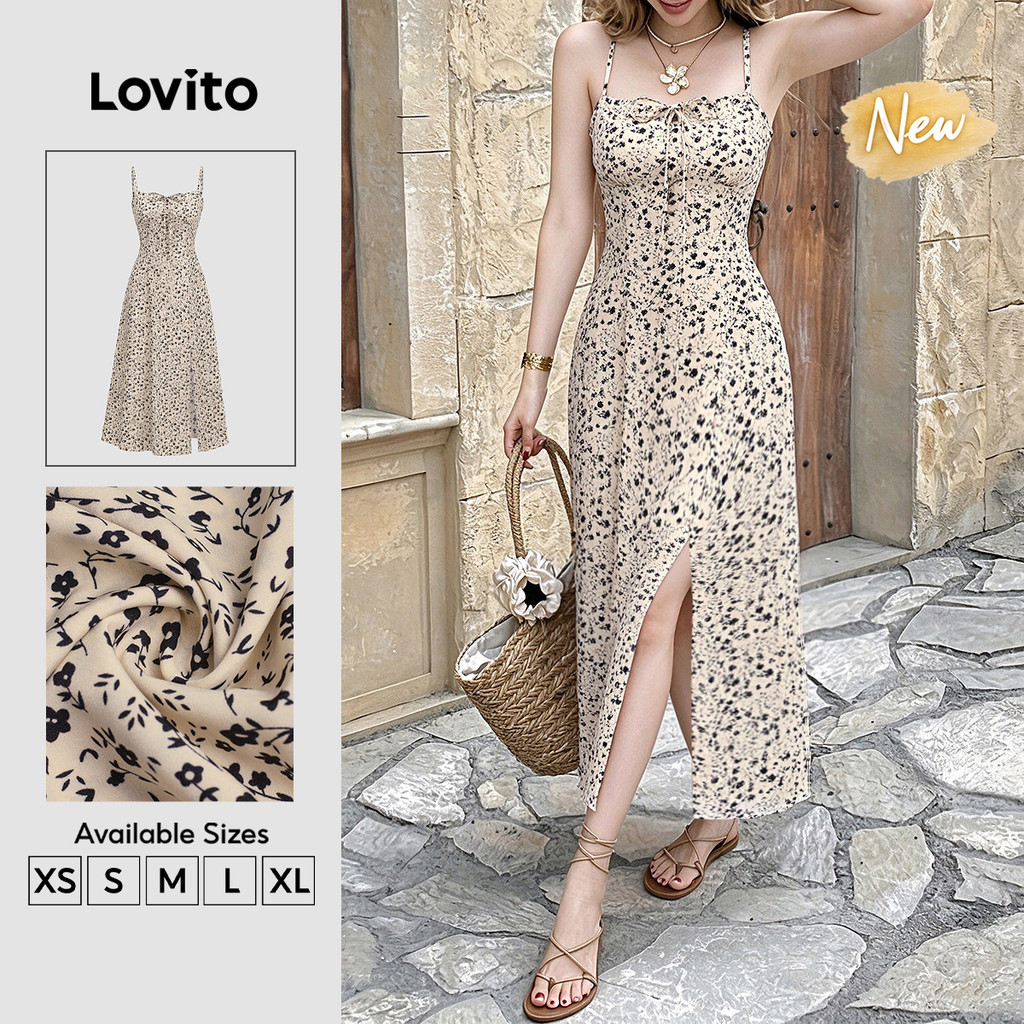 (New Arrival) Lovito Vestido Boho Floral Longo evasê Com amarração E Babados Para Mulheres primavera/verão E férias DRK10P1D1198