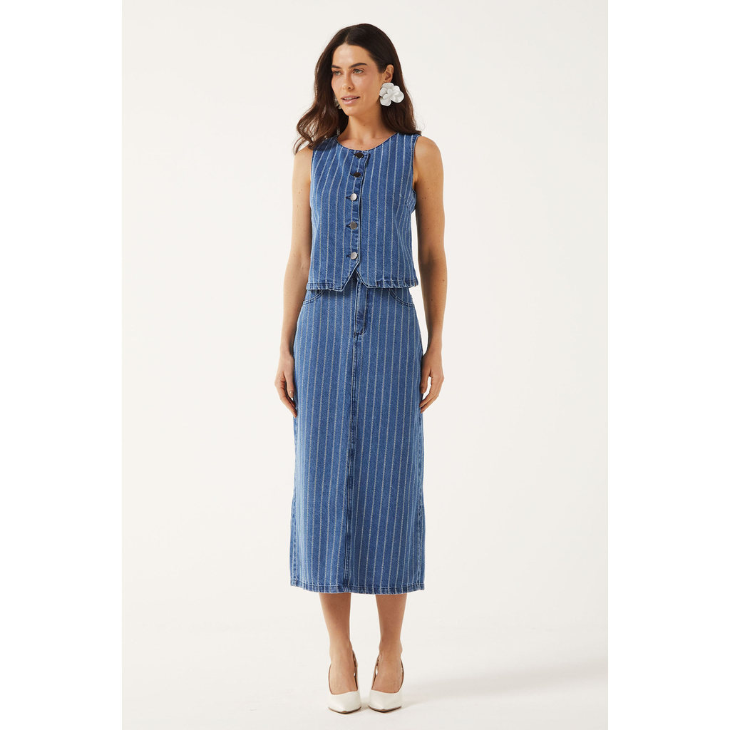 Saia Midi Feminina Jeans Listrada Marialícia Azul — imagem 2 de 2