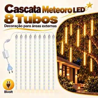 Kit Cascata 8 Tubos Bastão LED 50cm Pisca Pisca Chuva Meteoro Gelo Natal Decoração Bivolt 110V 220V