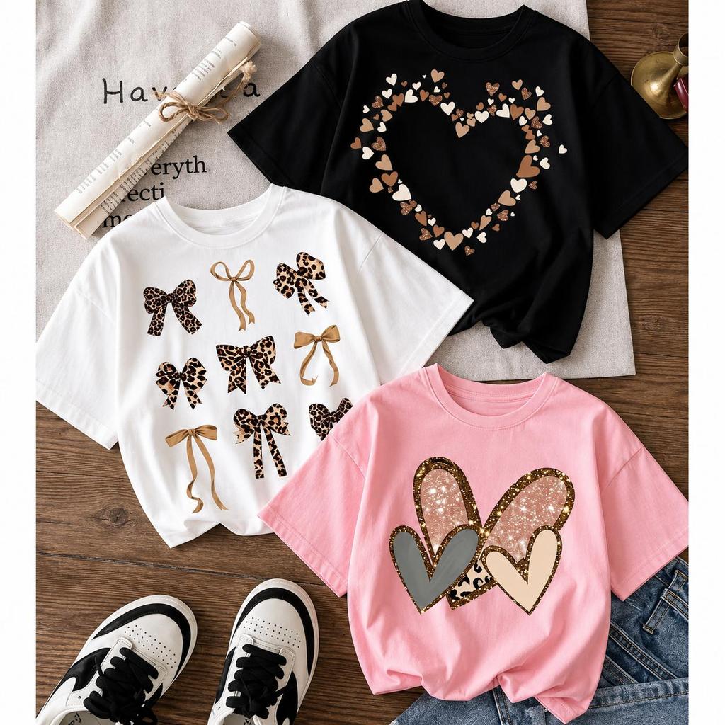 Kit De 3 Camisetas Infantil Estampada Meninas Delicada Moda Blogueira Luxo Corações Envio Super Rápido