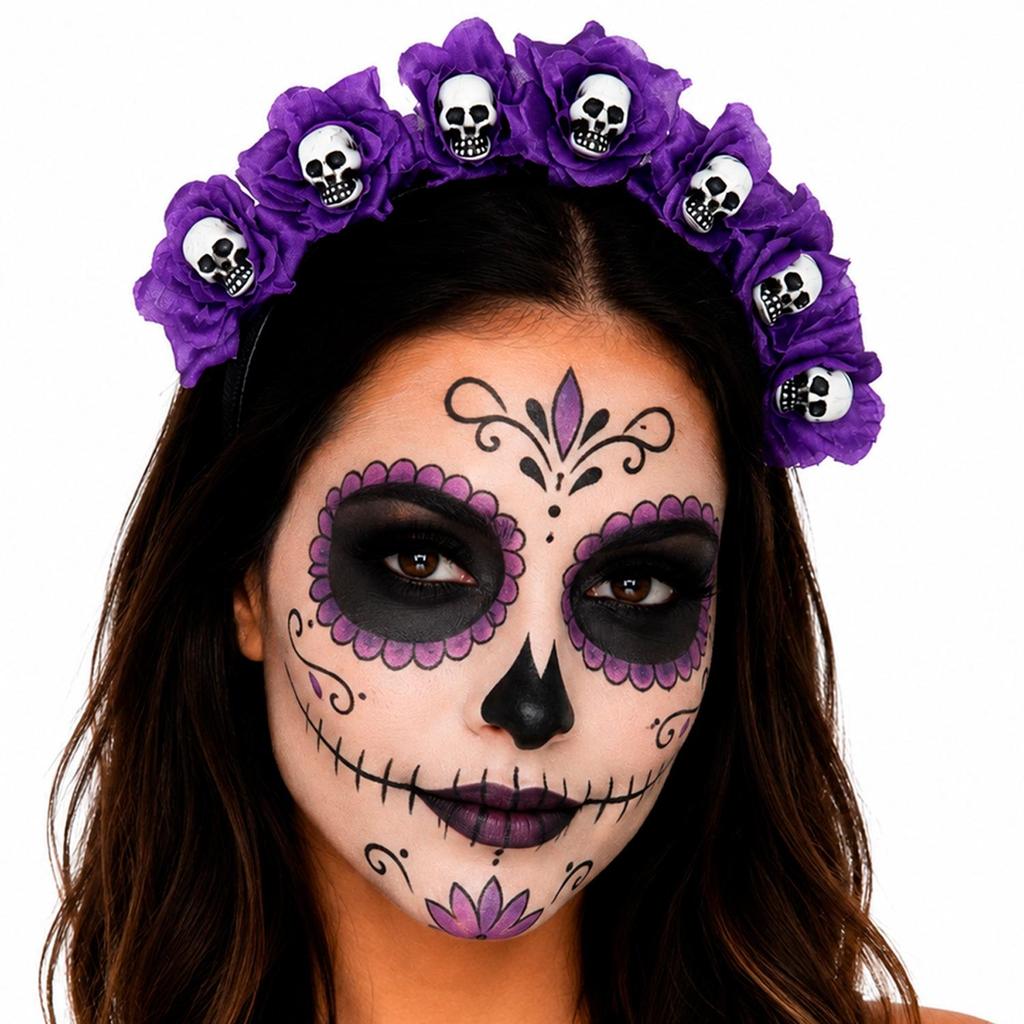 Tiara Caveira Mexicana com Rosas Preta ou Roxa pra Fantasia Halloween Feminina Adulta