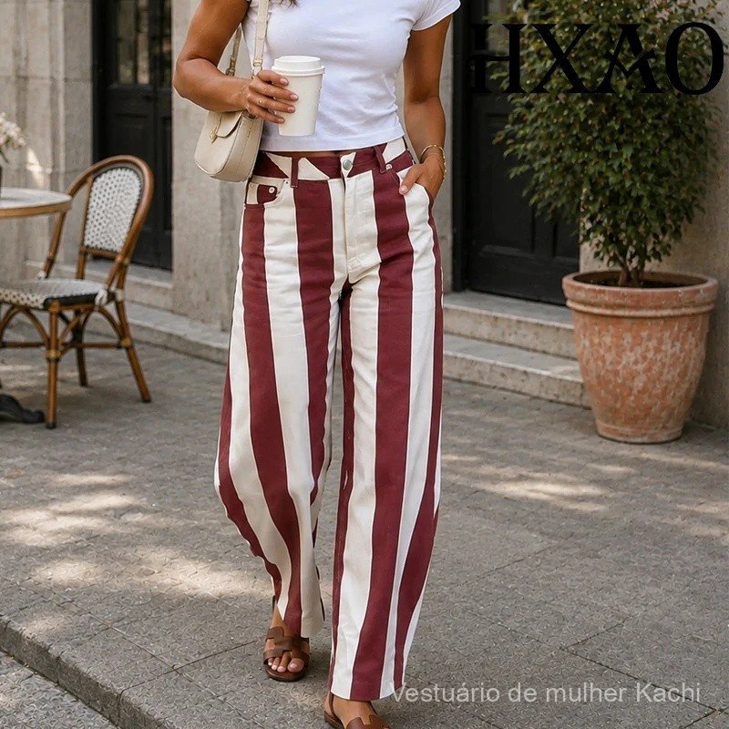 Calças Jeans Femininas HXAO, Calças Jeans Listradas Baggy Y2K de Verão, Calças Jeans de Perna Reta Balão, Estilo Streetw
