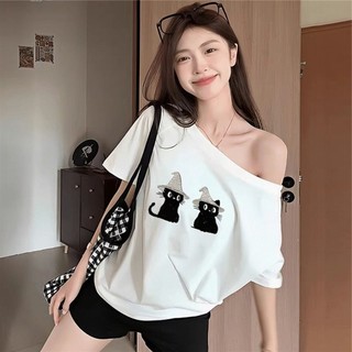 Camiseta feminina de manga curta com ombro inclinado de um ombro, verão 2026, novo estilo, sensação bonita, única, bonit