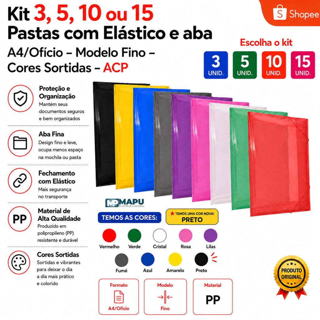 Kit 3, 5, 10 ou 15 Pastas com Elástico e aba A4/Ofício – Modelo Fino – Cores Sortidas - ACP