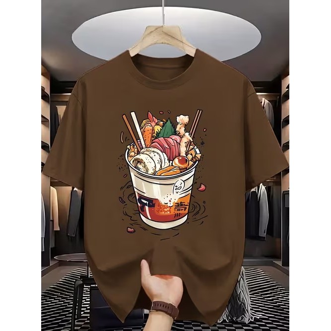 Camiseta Manga Curta Estampada Copo de Macarrão Divertida Confortável Moderna Estilosa para Uso Casual Moda Tendência
