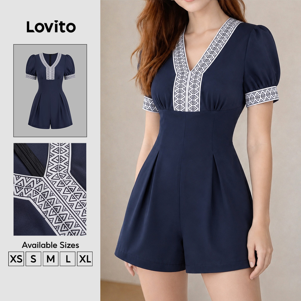 (New Arrival) Lovito Macacão Boho com Fita Contrastante com Zíper Azulmarinho Primavera/verão para Mulheres JRK9P1D940