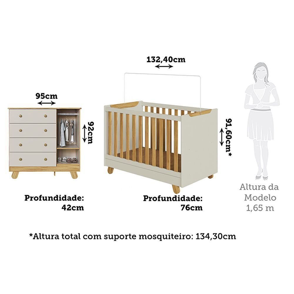 Quarto de Bebê Berço 4 em 1 e Cômoda 4 Gavetas 1 Porta 100% MDF Levy Yescasa Bege/Amêndoa/Off White Amêndoa/Off · foto 2