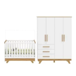 Conjunto Quarto de Bebê com Guarda Roupa e Berço Kakau Retrô Yescasa Branco Brilho/Amêndoa
