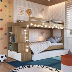 Treliche Infantil com Cama Auxiliar Escada Nichos e Gavetas Laterais Marrom/Aveiro Oak/Branco Aveiro Oak/Branco