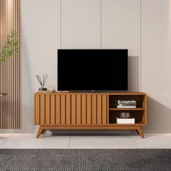 Rack para TV até 60 Polegadas Retrô com Porta Ripada e Pés em Madeira Maciça 100% 100% MDF 140cm Açaí Nature