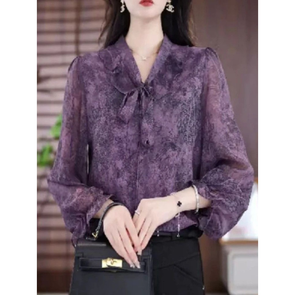2026 camisa pequena novo estilo primavera topo elegante arco impresso camisa elegante senhoras camisa de Chiffon de mang