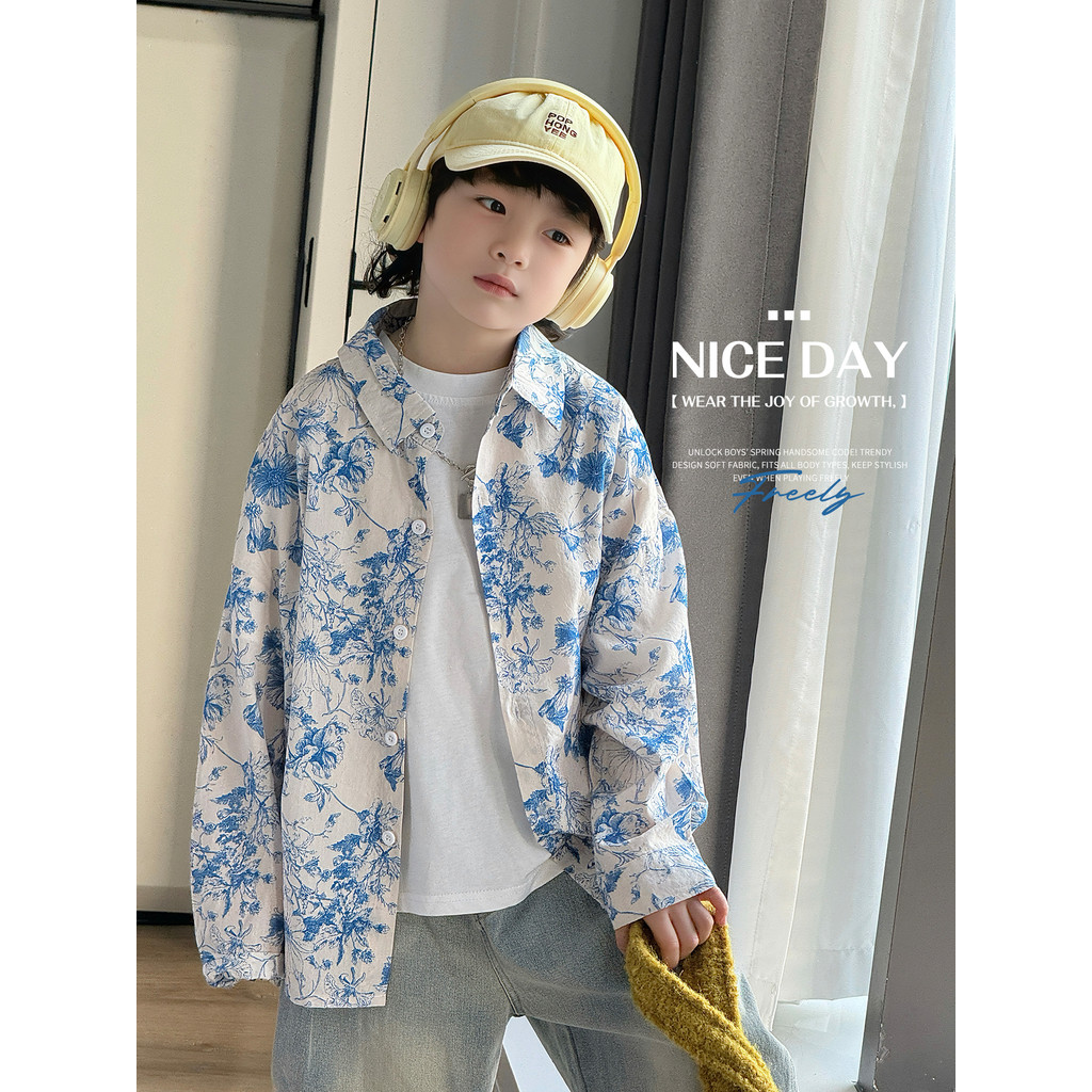 Meninos outono Retro impresso camisas crianças soltas All-Match camisas de manga comprida primavera outono roupas infant