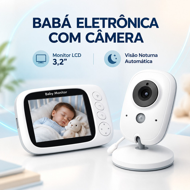 Babá Eletrônica 2.4GHz com Câmera e Monitor LCD 3.2 Pol Canções de Ninar VOX e Longo Alcance