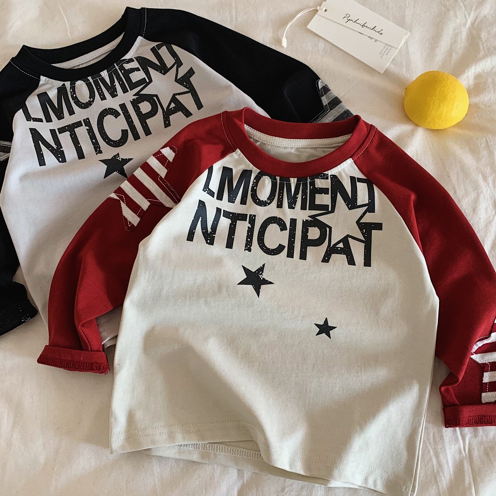 Crianças versão coreana carta camiseta de manga comprida 2026 primavera outono estilo menino topo contraste cor mangas R