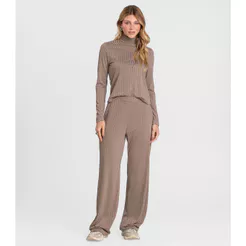 Conjunto Feminino Blusa E Calça Em Ribana Dianna Marrom