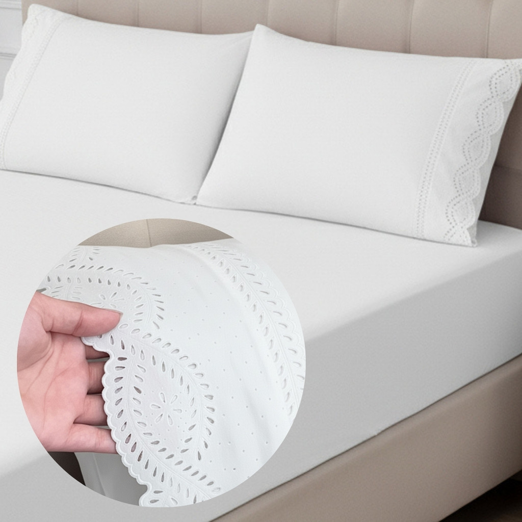 Jogo de Cama Lençol King Size 3 Peças Bordado Inglês 400 Fios Lese em Oferta na Shopee