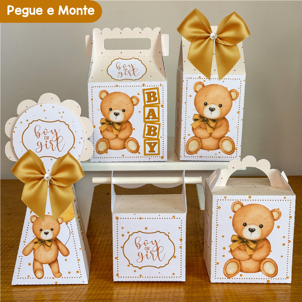 Kit Festa Chá de Bebê Fraldas Revelação Ursinho Menino Dourado Marrom Bege Neutro | Lembrancinhas | (Pegue e Monte)