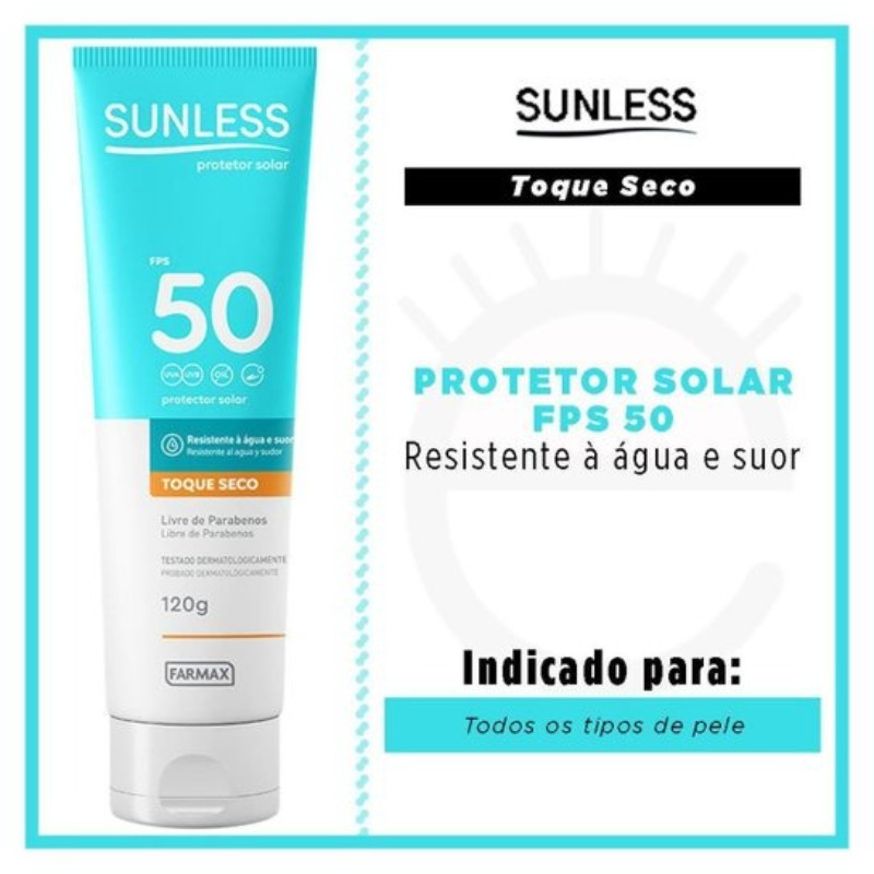 Protetor Bloqueador Filtro Solar Sunless FPS50 Toque Seco Não Oleoso 120g em Oferta na Shopee