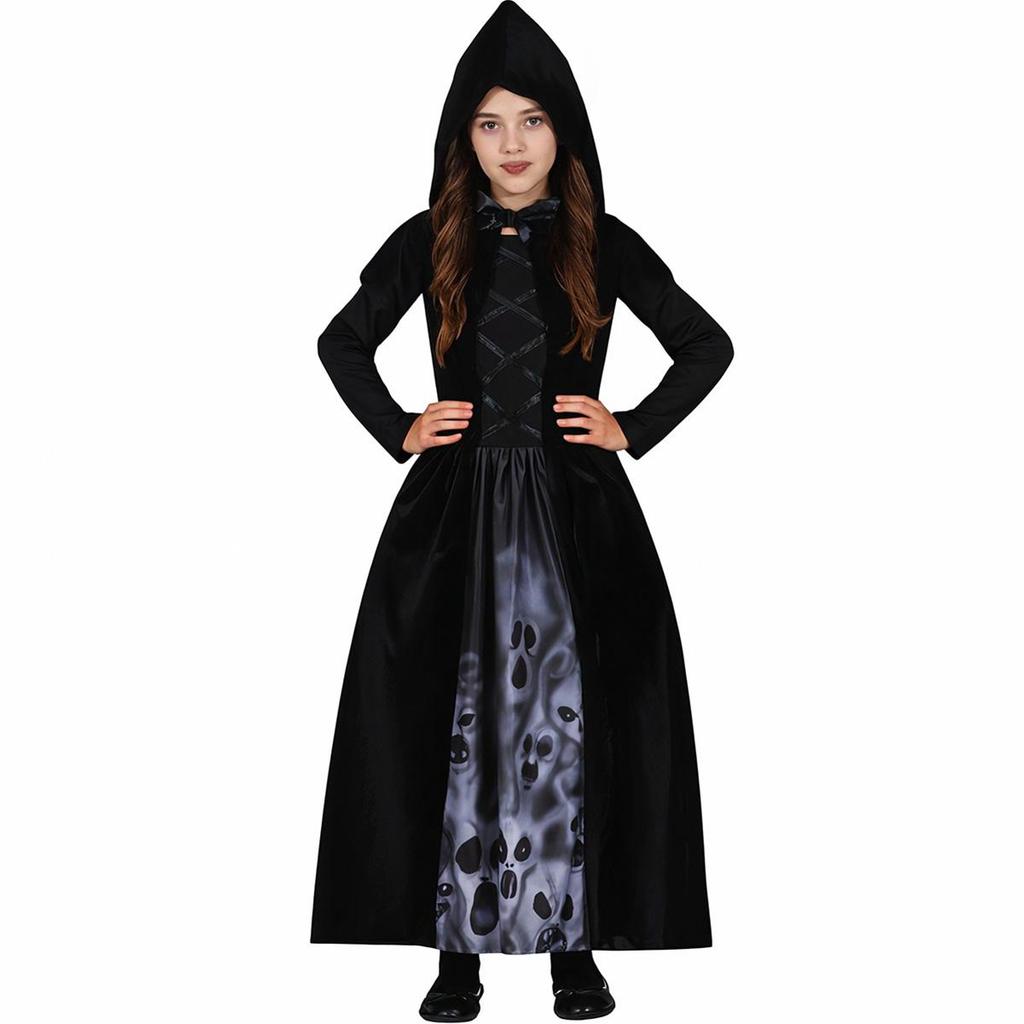 Fantasia Halloween Infantil pra Meninas Vestido Bruxa Medieval Gótico Caçadora de Almas Preto com Capuz 4 a 12 anos