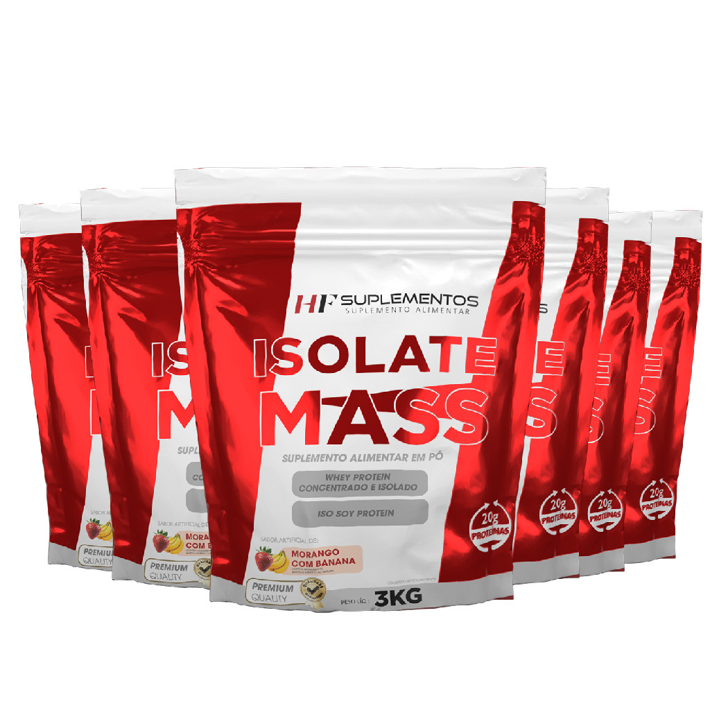 Kit 5 unidades Isolate Mass Hipercalórico Morango Banana 3KG Em Pó HF Suplementos – Energia, Massa Muscular e Foco!