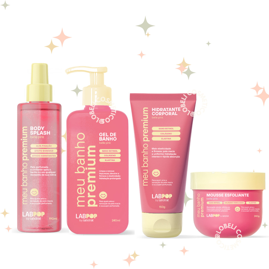 Kit Meu Banho Premium Belle Pink Body Splash + Gel de Banho + Hidratante Corporal e Mousse Esfoliant
