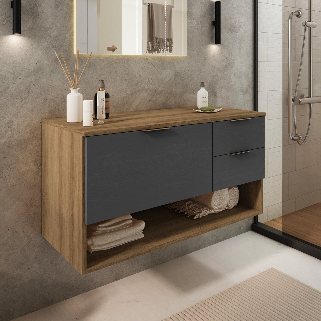 Gabiente para Banheiro Suspenso 1 Porta 2 Gavetas Mel/Grafite em Oferta na Shopee