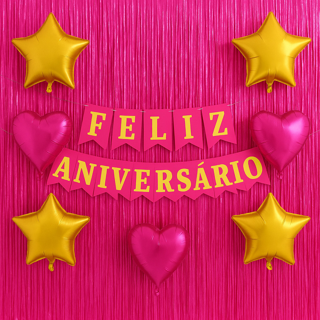 kit Decoração Faixa Bandeira Feliz aniversário c/ 2 Cortinas Metalizadas 1x2m, Balões Estrela e Coração, Festas