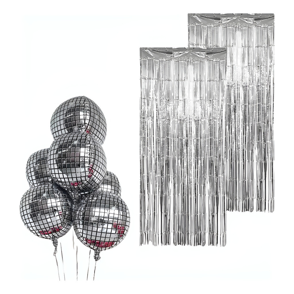 Kit 6 Balão Globo 4d Espelhado + 2 Cortina Metalizada 1mx2m