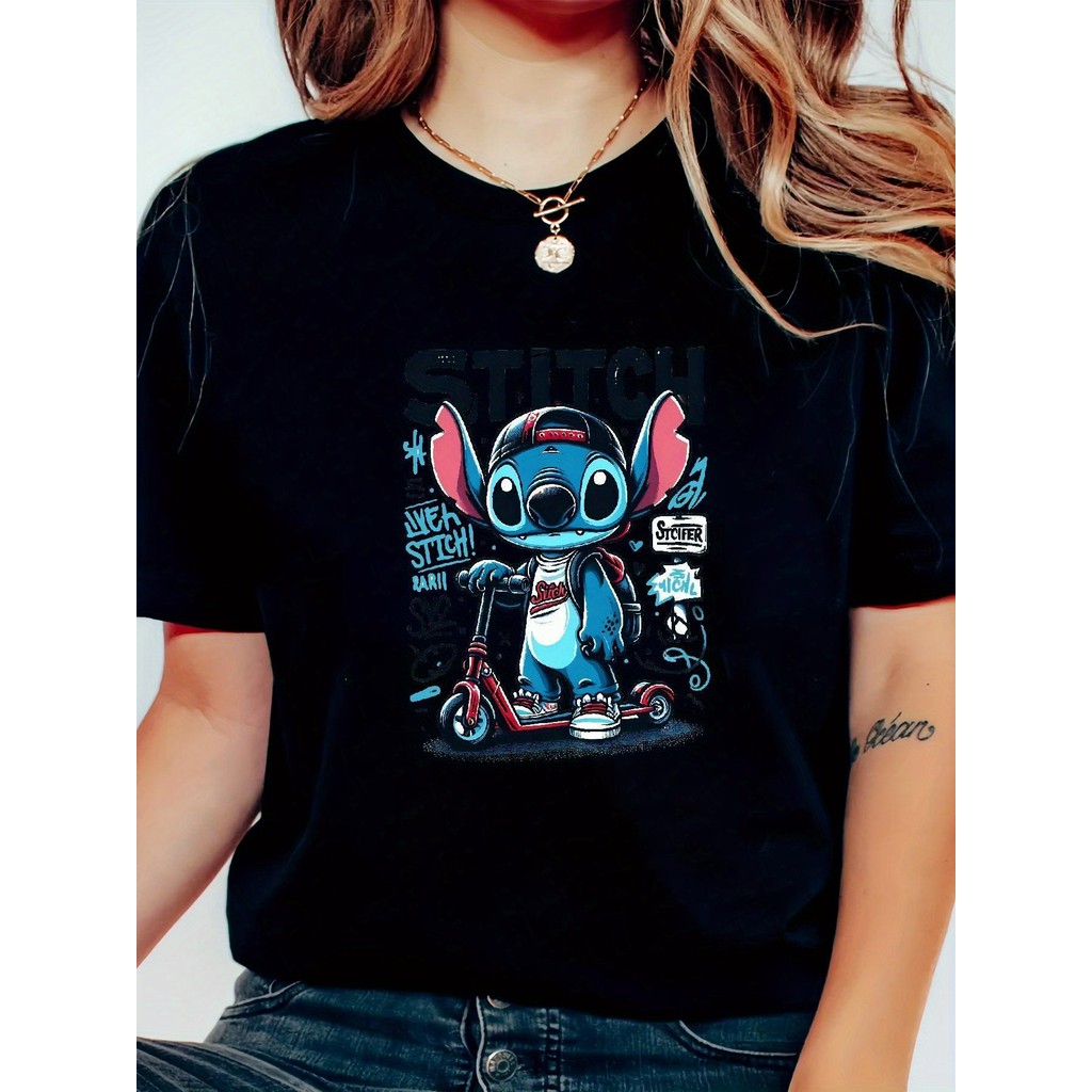 BR.Moonlight Camiseta Feminina Stitch Disney Fofo Azul Orelhas Estampada Confortável Macia Retrô Moda Casual