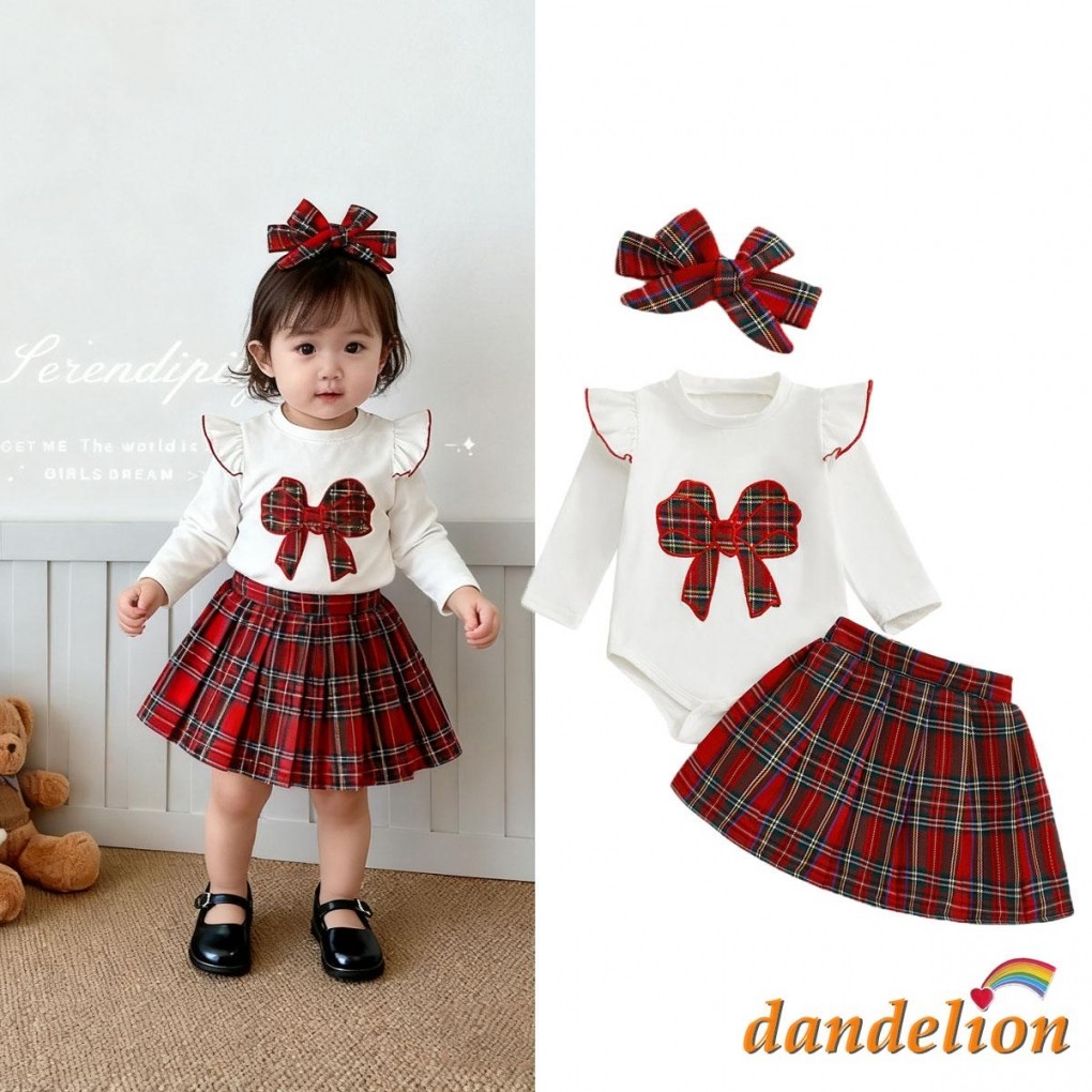 Conjunto De 3 Peças De Natal Para Bebês Meninas – Macacão De Manga Comprida Com Babados E Saia Xadrez Plissada Faixa De 
