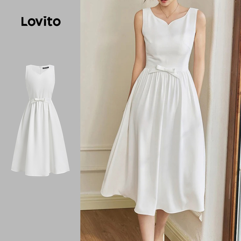 Lovito Vestido Elegante com Laço Na Frente Simples para Primavera/verão Off-white para mulheres L155ED1143 em Oferta na Shopee