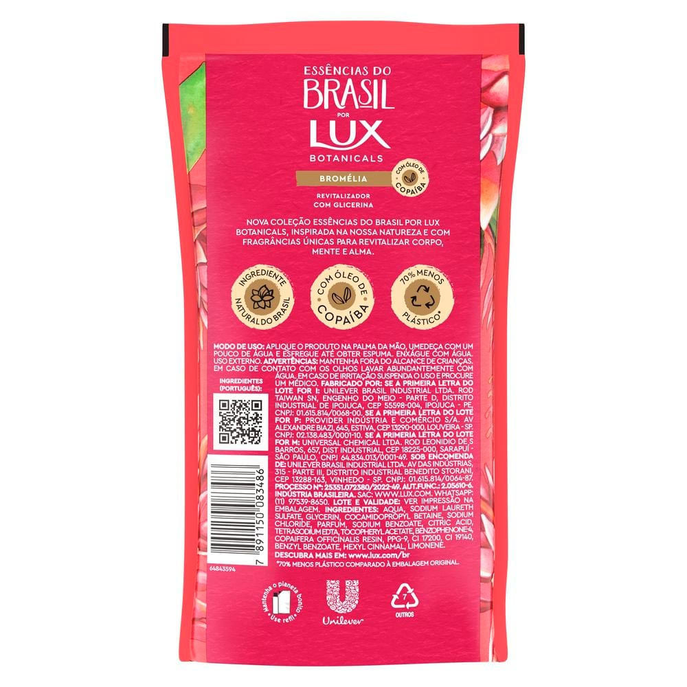 Detalhes do Sabonete Líquido para Mãos Lux Essências do Brasil Bromélia Refil 240ml