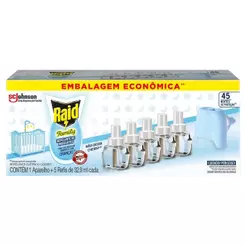 Kit Raid Family 1 Aparelho + 5 Refis Repelentes Elétricos 45 Noites 32,9ml Cada Embalagem Econômica