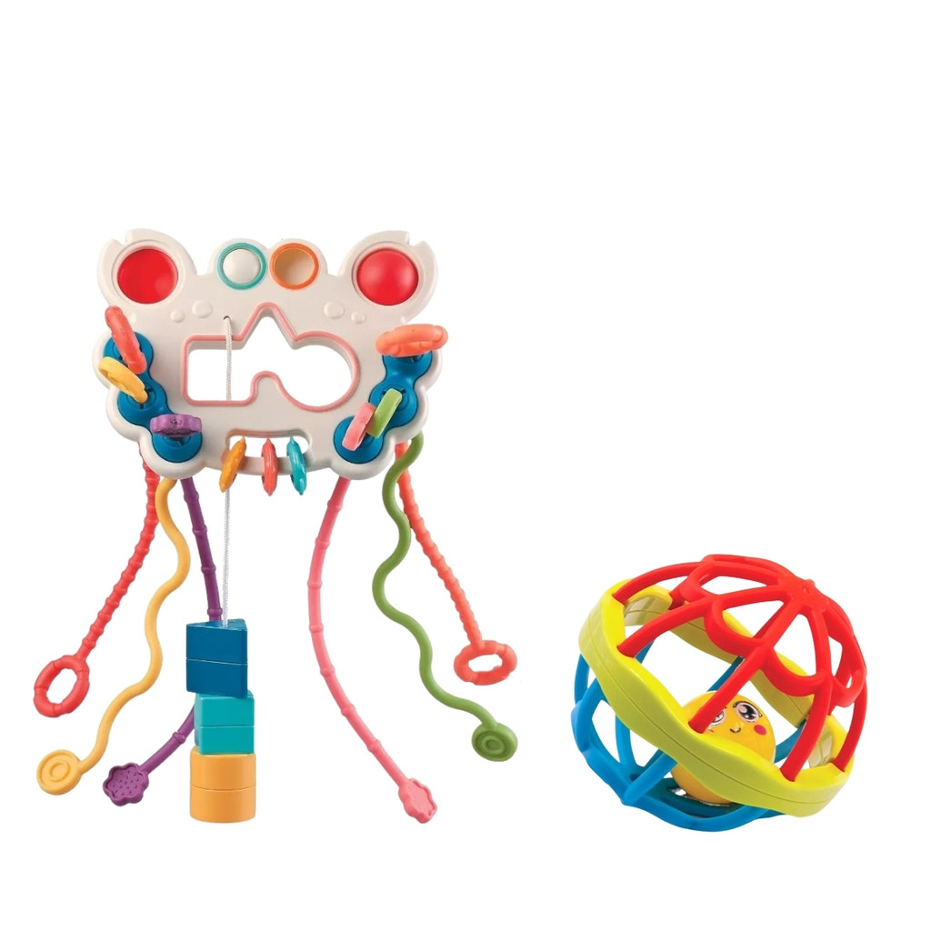 Kit Bola Mordedor Silicone Macia Para Dentição E Chocalho Multissensorial 5 Em 1 Estimula Coordenação Motora Sensorial