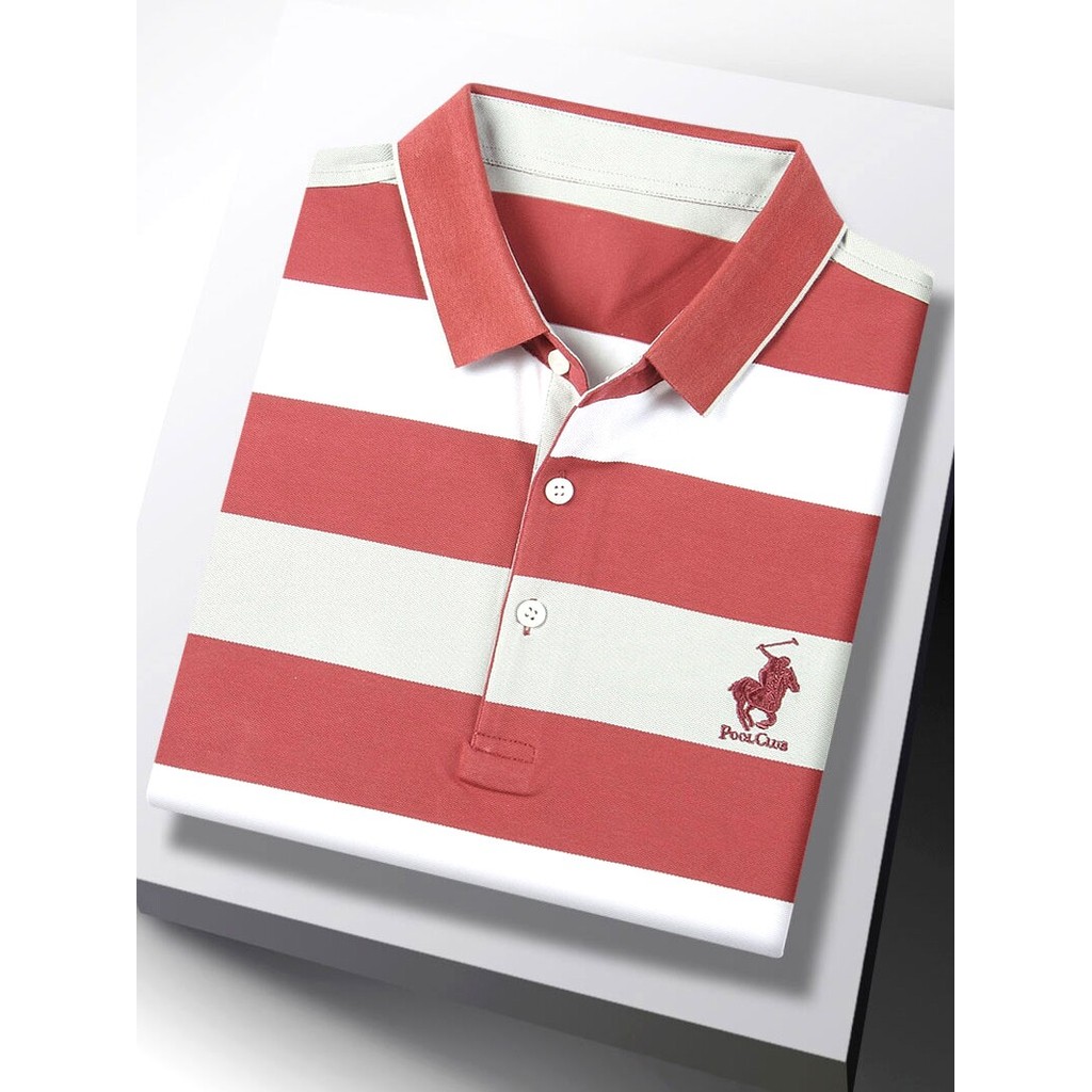 Verão listrado de manga curta camiseta masculina moda negócios Casual Wear Paul meia manga lapela topo solto POL