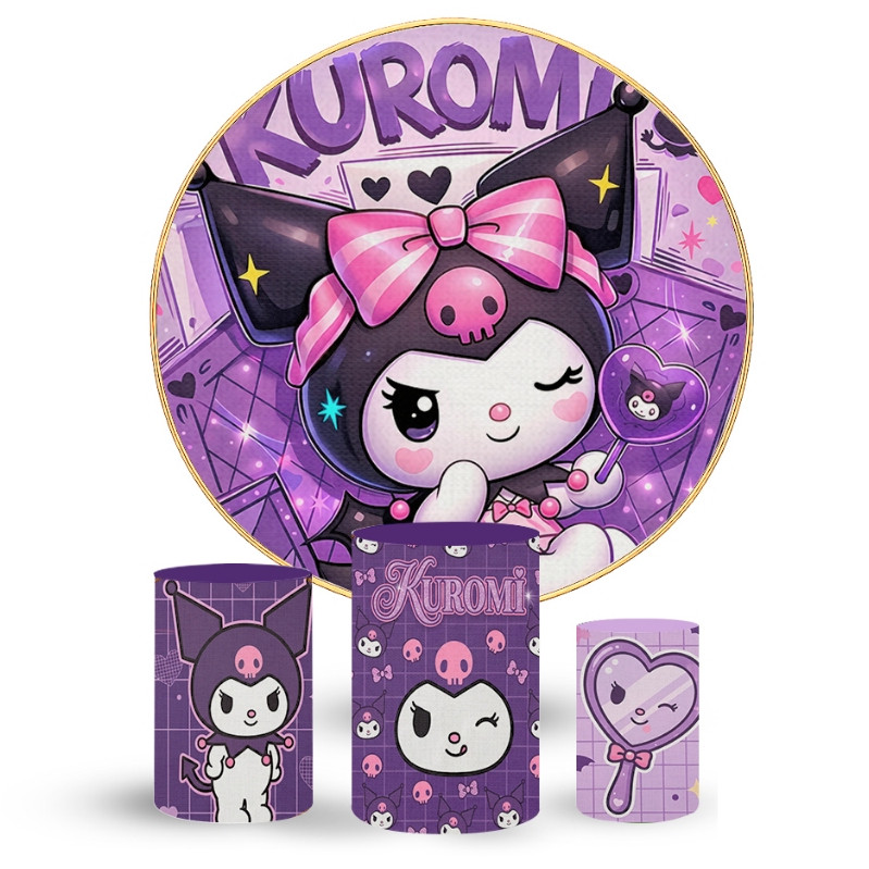 Kit Painel Redondo e 3 Capas Cilindros Kuromi Turma Hello Cute Kitty Decoração de Aniversário | Envio Rápido