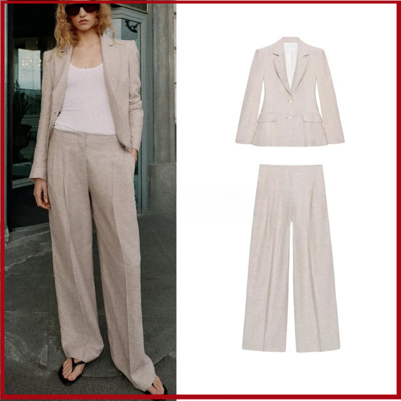 2026 Blazer plissado feminino novo estilo7748856 Calças retas casuais de cintura alta7749856 Conjunto de conjunto de con