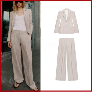 2026 Blazer plissado feminino novo estilo7748856 Calças retas casuais de cintura alta7749856 Conjunto de conjunto de con